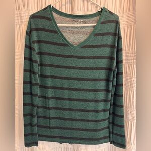 Maurices Green and Black Striped V-Neck Sweater